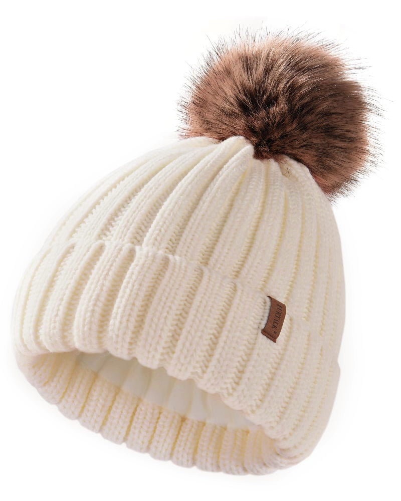 FURTALK Kids Winter Hat Toddler Knitted Beanie with Faux Fur Pom Poms for Baby Girls Boys Beige,2-8 Years - Image 1